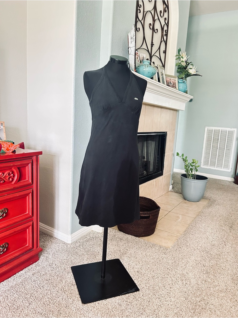 Lacoste Black Halter Mini Athletic Dress with Logo Emblem. Size 12